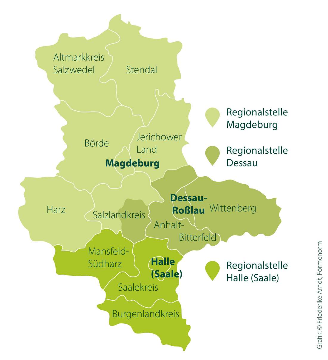 Zu sehen ist eine Landkarte von Sachsen-Anhalt. In der Landkarte werden die 3 Regionalstellen dargstellt.